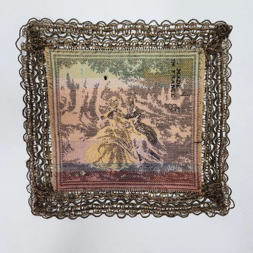 8.25in French Tapestry Doilies Lot of 2 Romantic Courting Scenes Crochet France